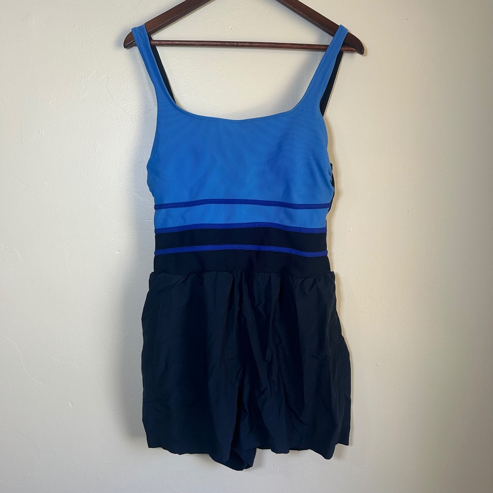 EUC Cove Swim Dress Colorblock Ribbed Size 14 Blue Navy Built-in Shorts
